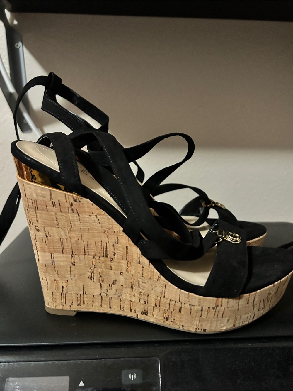 Guess Black Suede Cork Wedge Sandals with Gold Accent